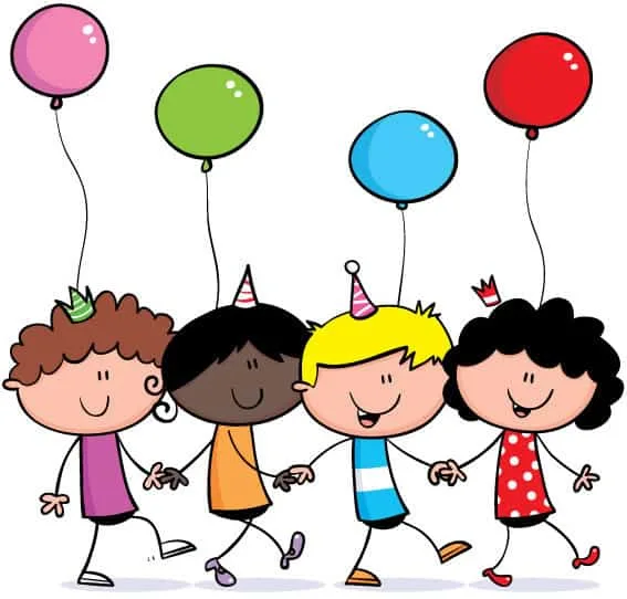 Illustration of four cartoon children holding balloons