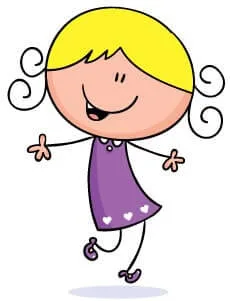 Cartoon girl with blonde hair in a purple dress